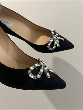 LK Bennett Black Suede Pointed Toe Pumps with Crystal Bow